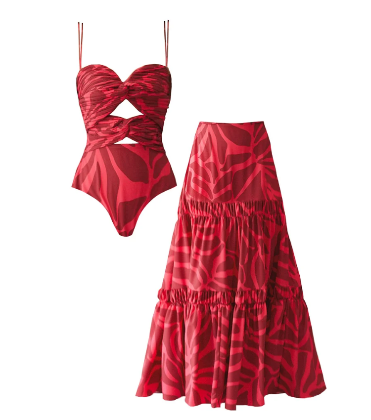 Printed One Piece Swimsuit and Skirt
