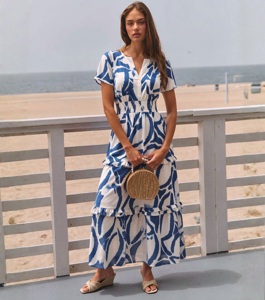 Blue Leaf Print Short Sleeve Tiered Midi Dress