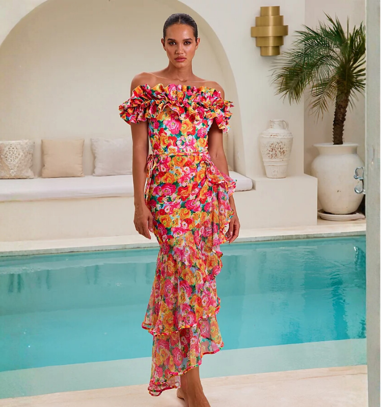 Detachable Double Shoulder Strap With Ruffles One Piece Swimsuit and Sarong Flaxmaker