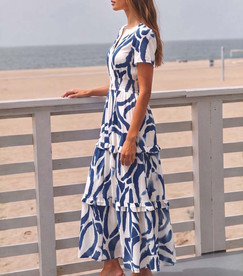 Blue Leaf Print Short Sleeve Tiered Midi Dress
