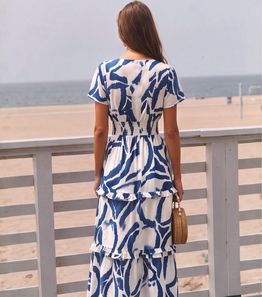 Blue Leaf Print Short Sleeve Tiered Midi Dress