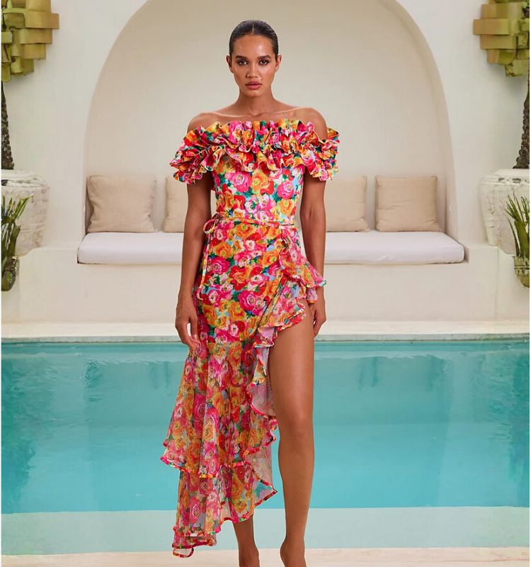 Detachable Double Shoulder Strap With Ruffles One Piece Swimsuit and Sarong Flaxmaker