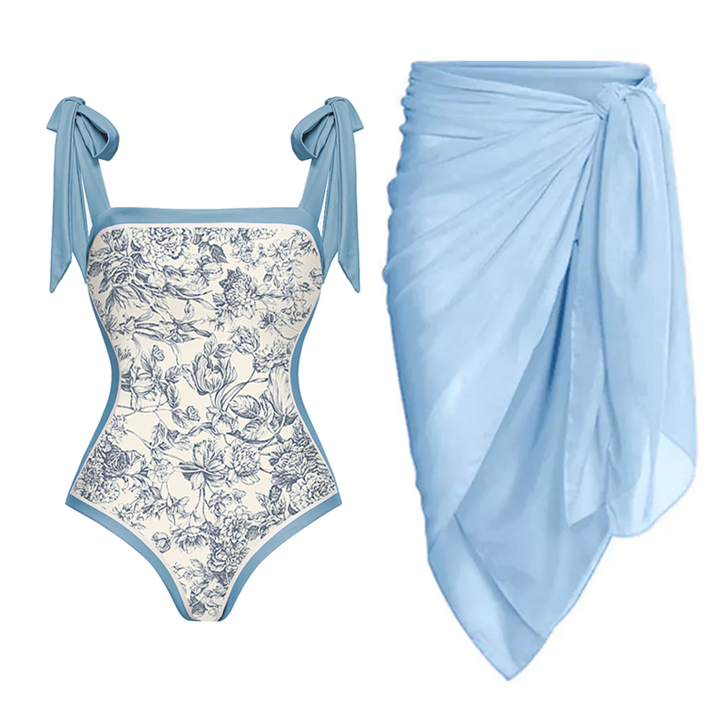 Flaxmaker Blue Reversible Bowknot Tie-shoulder One Piece Swimsuits and Sarong