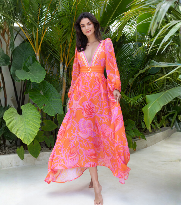 Long-sleeved V Neck Marine Plant Pattern Print One Piece Swimsuit and Skirt