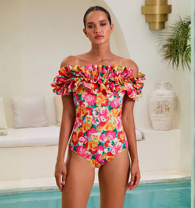 Detachable Double Shoulder Strap With Ruffles One Piece Swimsuit and Sarong Flaxmaker