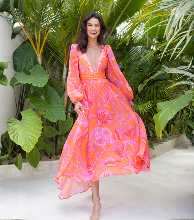 Long-sleeved V Neck Marine Plant Pattern Print One Piece Swimsuit and Skirt