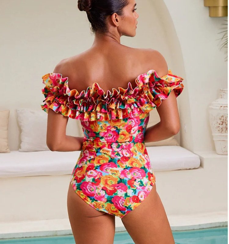 Detachable Double Shoulder Strap With Ruffles One Piece Swimsuit and Sarong Flaxmaker