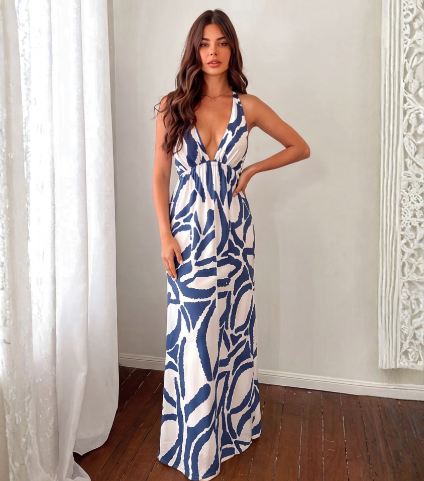 Blue Leaf Print Halter V-Neck Maxi Dress