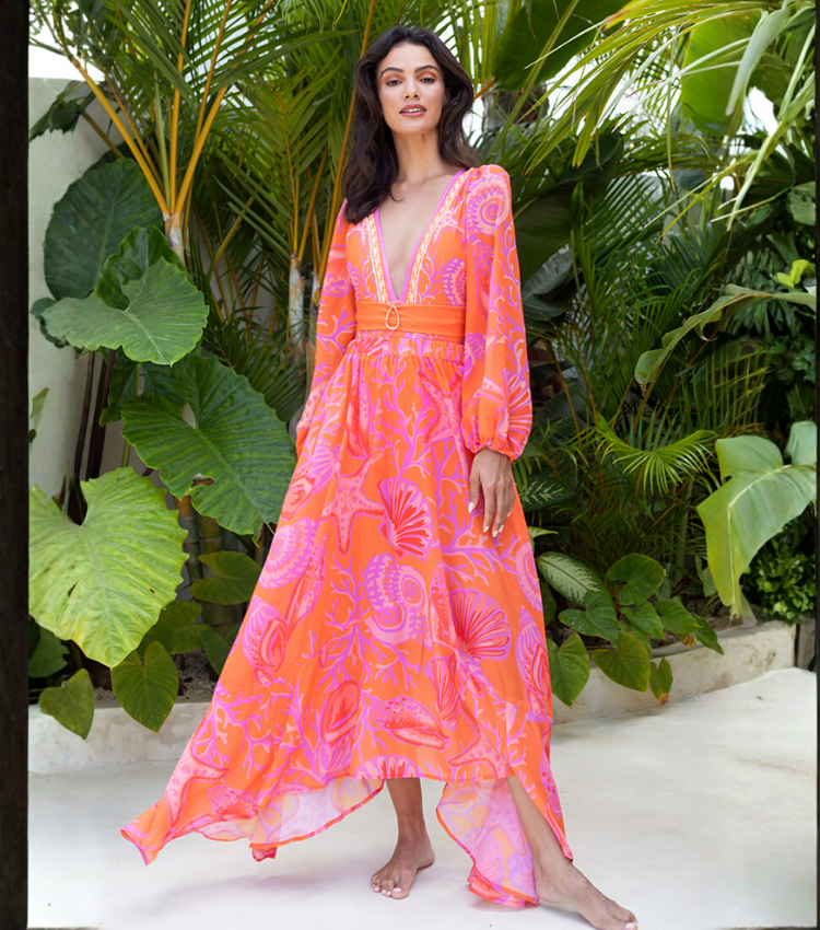 Long-sleeved V Neck Marine Plant Pattern Print One Piece Swimsuit and Skirt