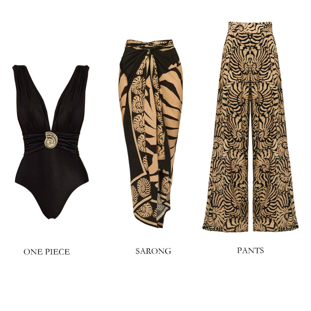 Black V-Neck Conch Decoration One Piece Swimsuit and Sarong
