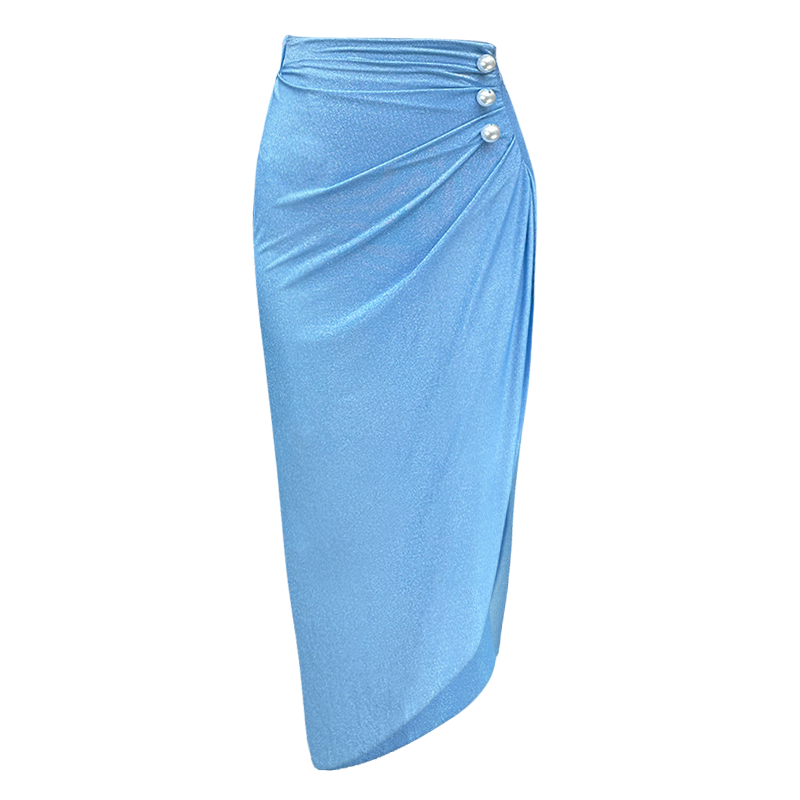 Shiny Fabric Sling Pearl Decor Light Blue One Piece Swimsuit and Skirt