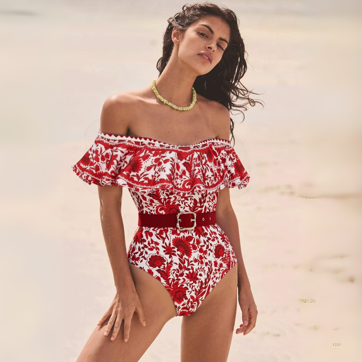 Bandeau Ruffled Red Flower Silhouette Print One Piece Swimsuit and Skirt
