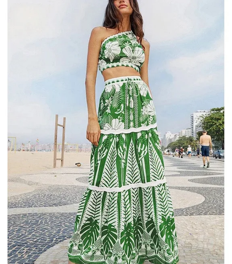 One Shoulder Green Flower Printed Bikini Swimsuit and Skirt