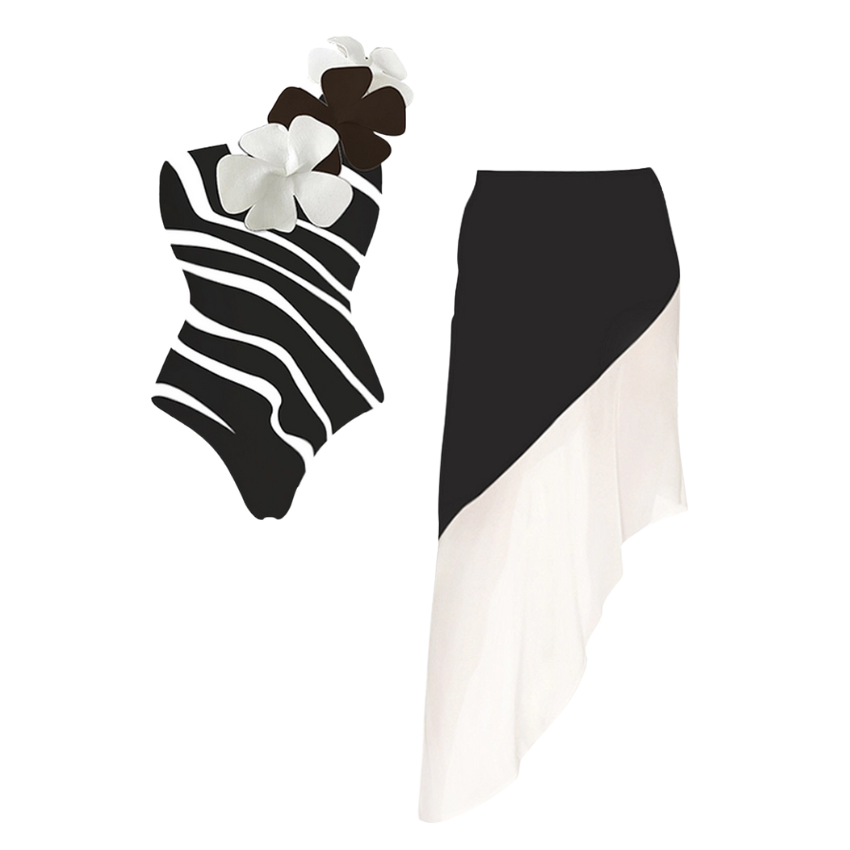 3D Flower Decor One Shoulder One Piece Swimsuit and Skirt Flaxmaker