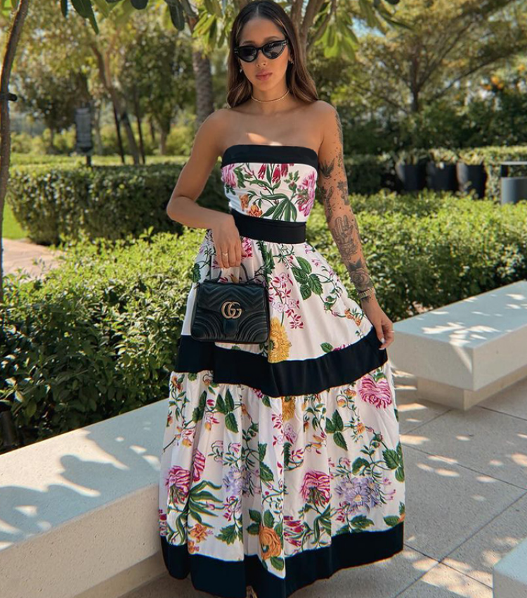 Off Shoulder Back Bow Tie Color Block Printed One Piece Swimsuit and Skirt Flaxmaker