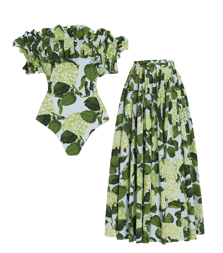 Off Shoulder Hydrangea Print Ruffle One Piece Swimsuit and Skirt Flaxmaker