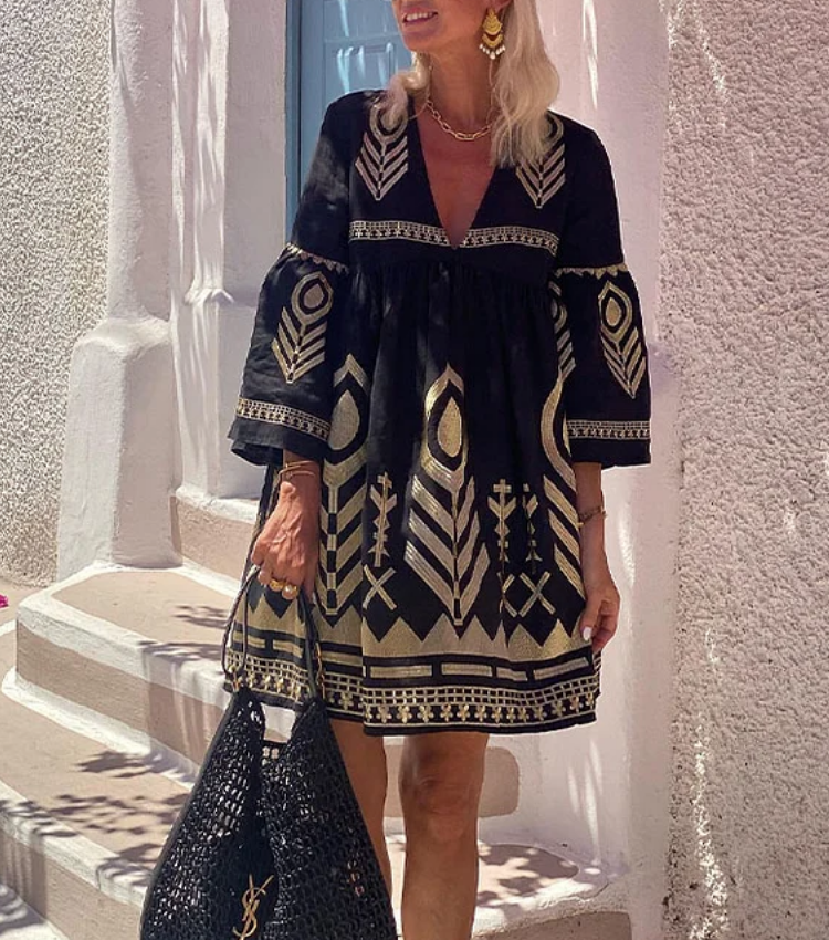 Vacation Printed Bell Sleeve Mini Dress