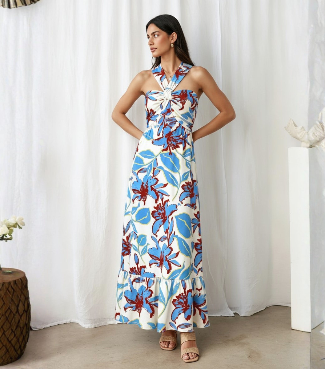 Blue & Red Floral Halter Tiered Maxi Dress
