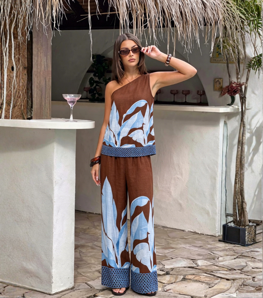 Brown Base Blue Leaf One Shoulder Wide Leg Jumpsuit