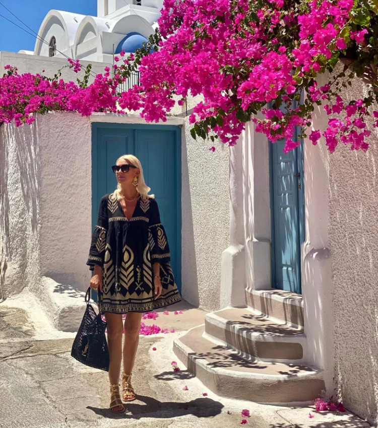 Vacation Printed Bell Sleeve Mini Dress