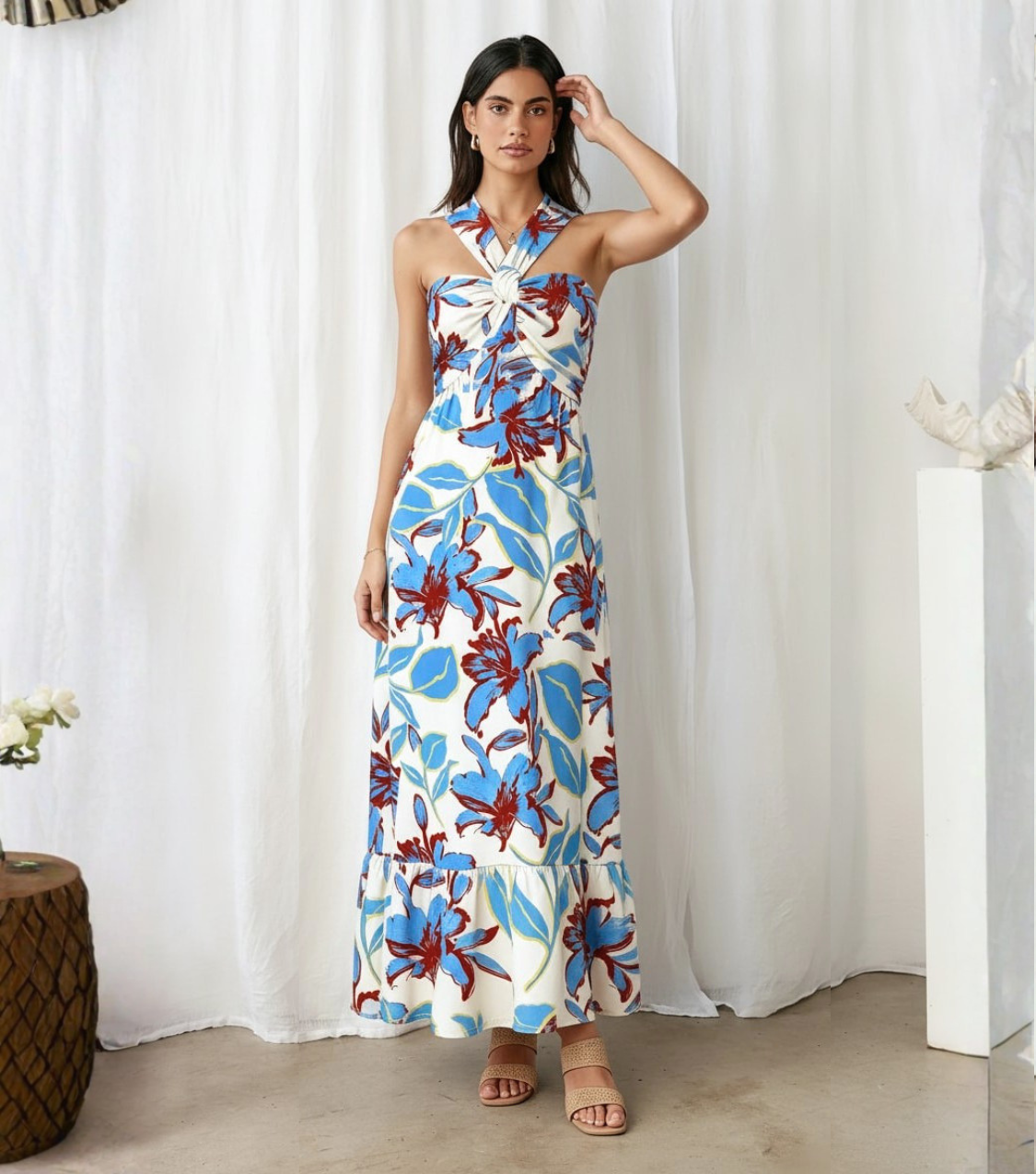 Blue & Red Floral Halter Tiered Maxi Dress