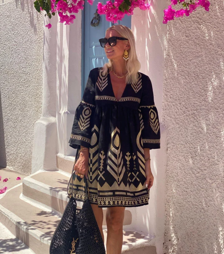 Vacation Printed Bell Sleeve Mini Dress