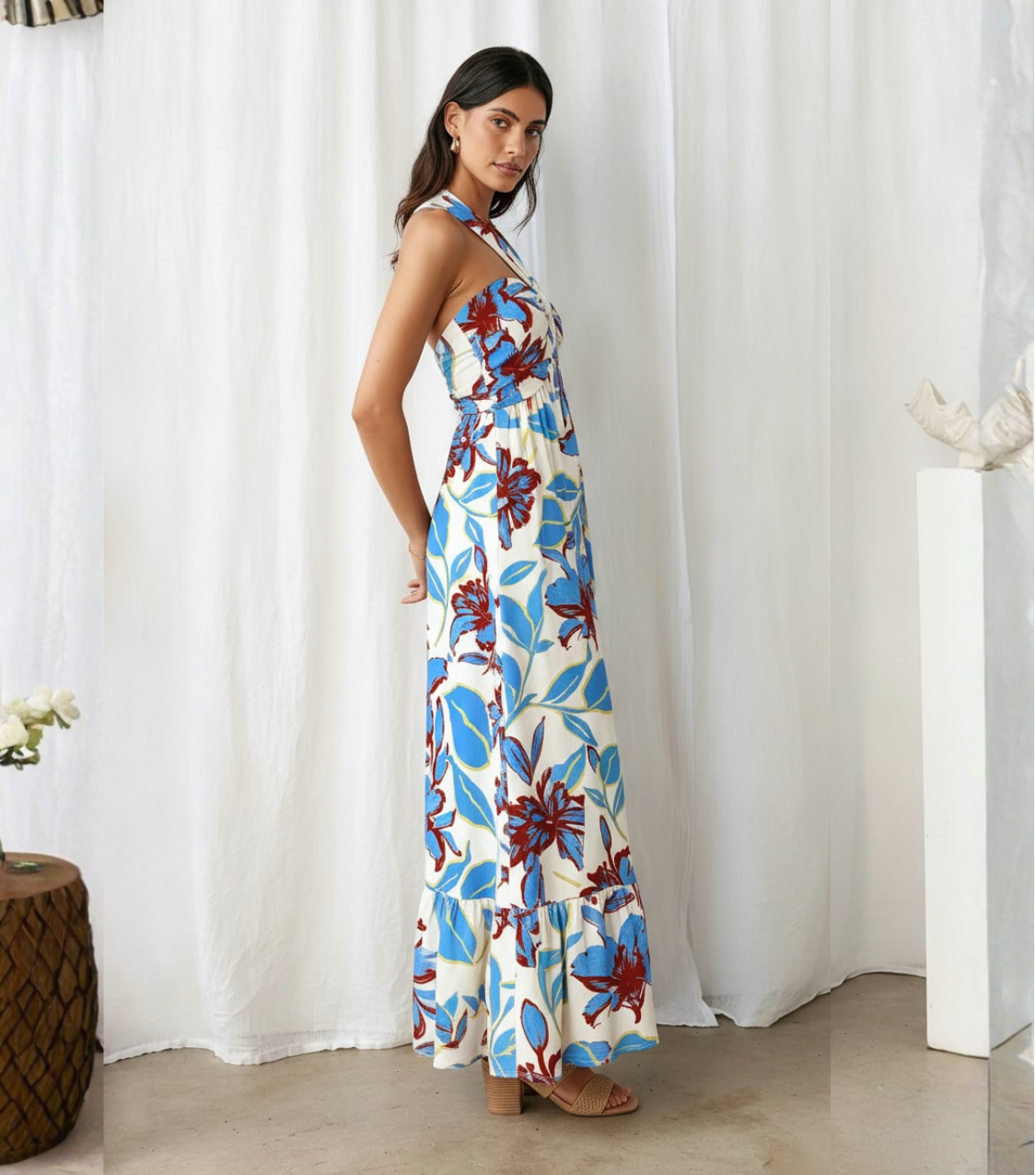 Blue & Red Floral Halter Tiered Maxi Dress