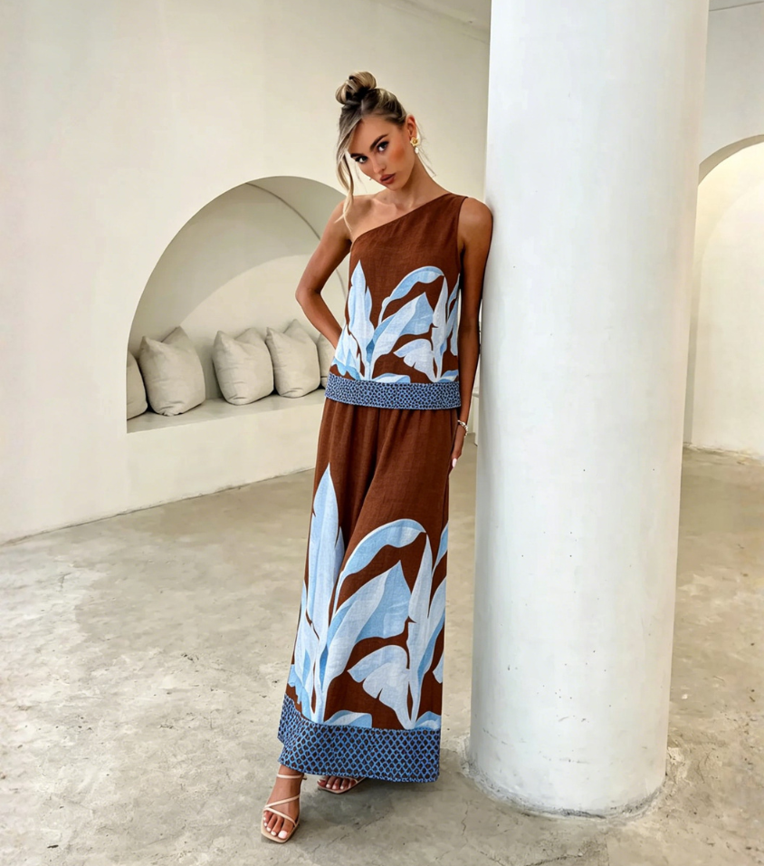 Brown Base Blue Leaf One Shoulder Wide Leg Jumpsuit