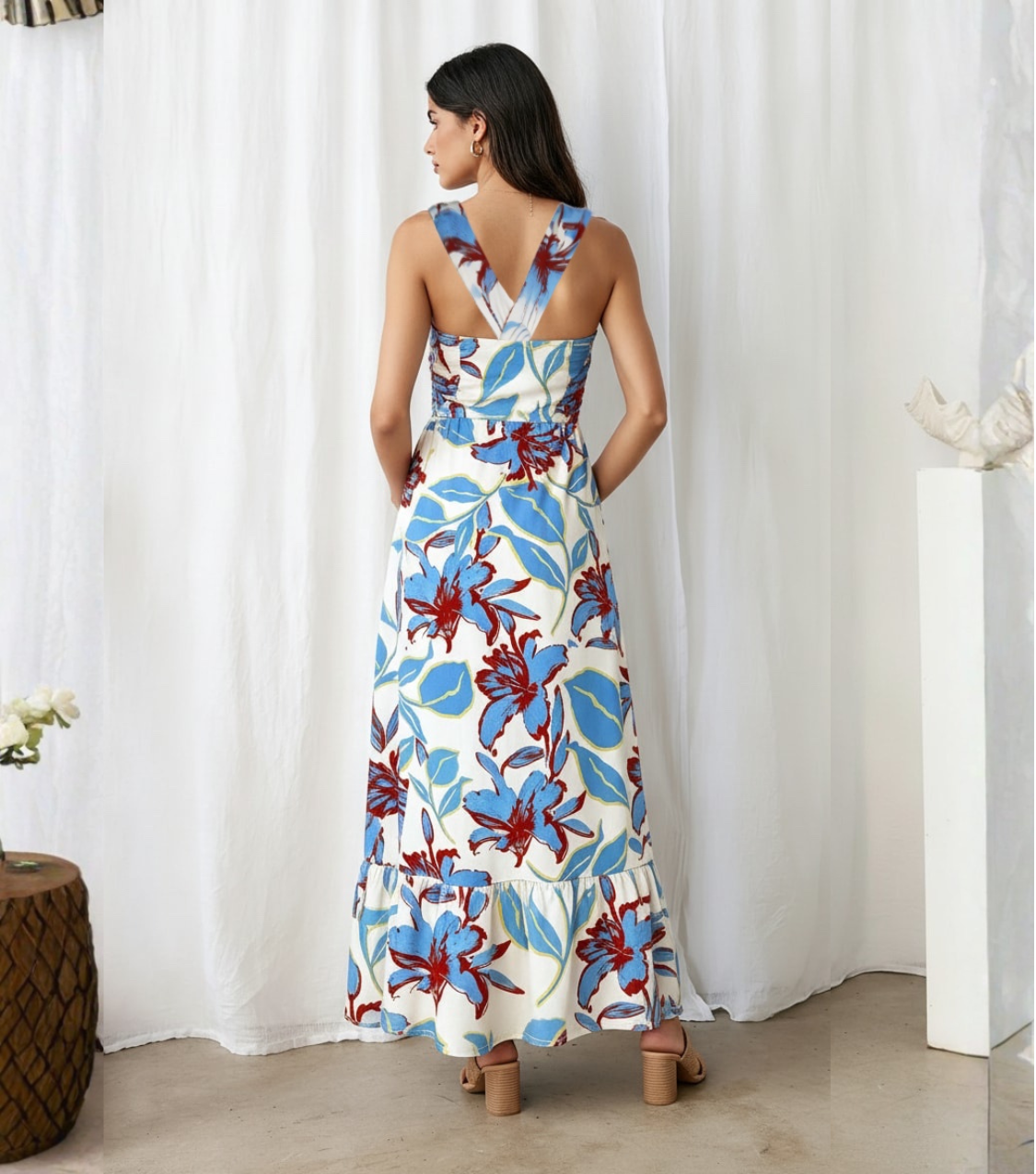 Blue & Red Floral Halter Tiered Maxi Dress