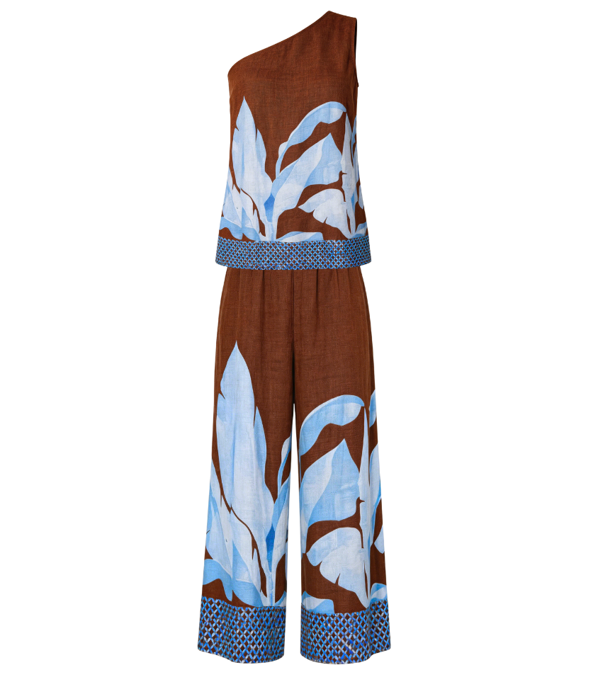Brown Base Blue Leaf One Shoulder Wide Leg Jumpsuit