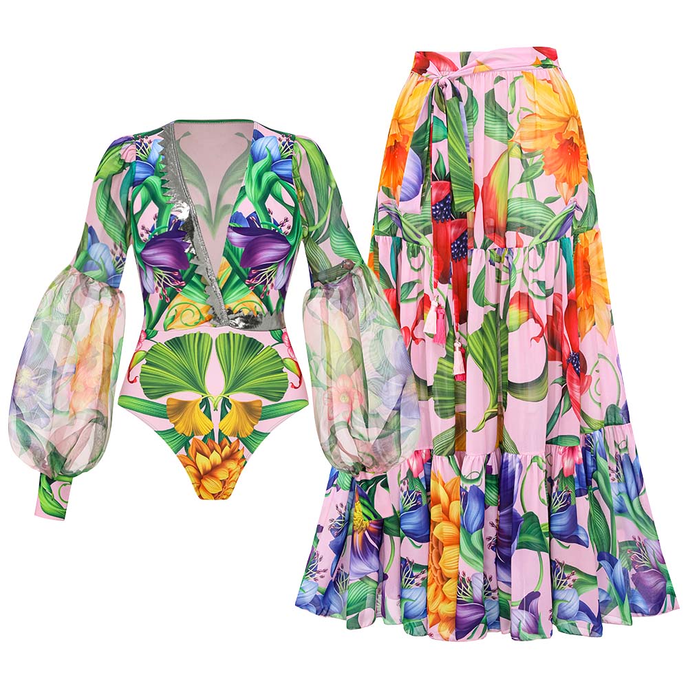 V-neck Long Sleeve Flowers Printed One Piece Swimsuit and Skirt Flaxmaker