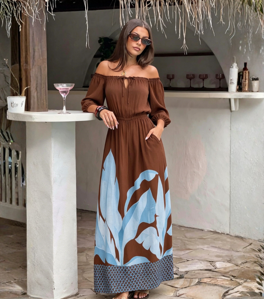 Brown Base Blue Leaf Off Shoulder Puff Sleeve Maxi Dress