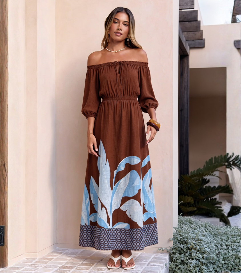 Brown Base Blue Leaf Off Shoulder Puff Sleeve Maxi Dress