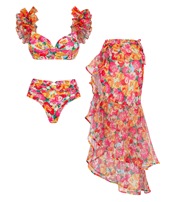 Ruffled Straps Floral Print Bikini Swimsuit and Skirt Flaxmaker