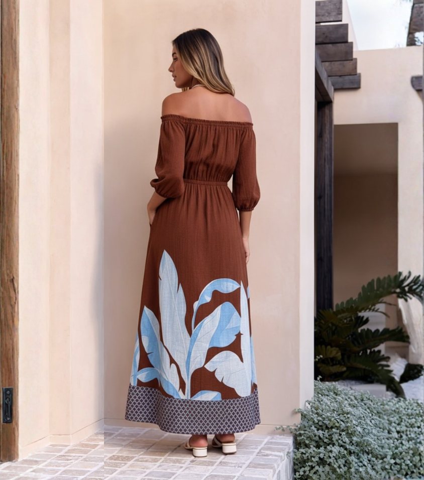 Brown Base Blue Leaf Off Shoulder Puff Sleeve Maxi Dress