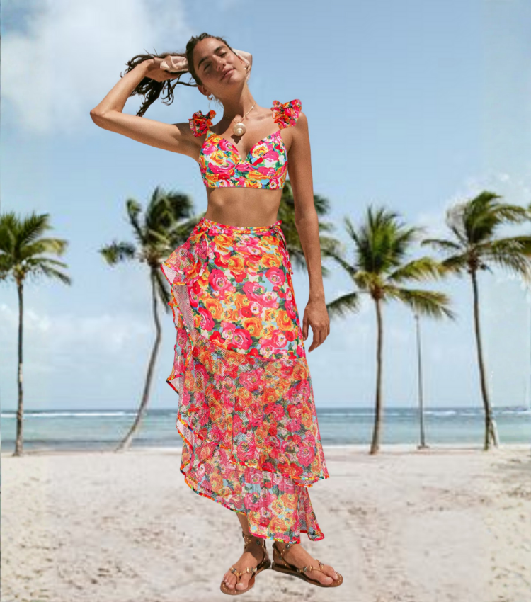Ruffled Straps Floral Print Bikini Swimsuit and Skirt Flaxmaker