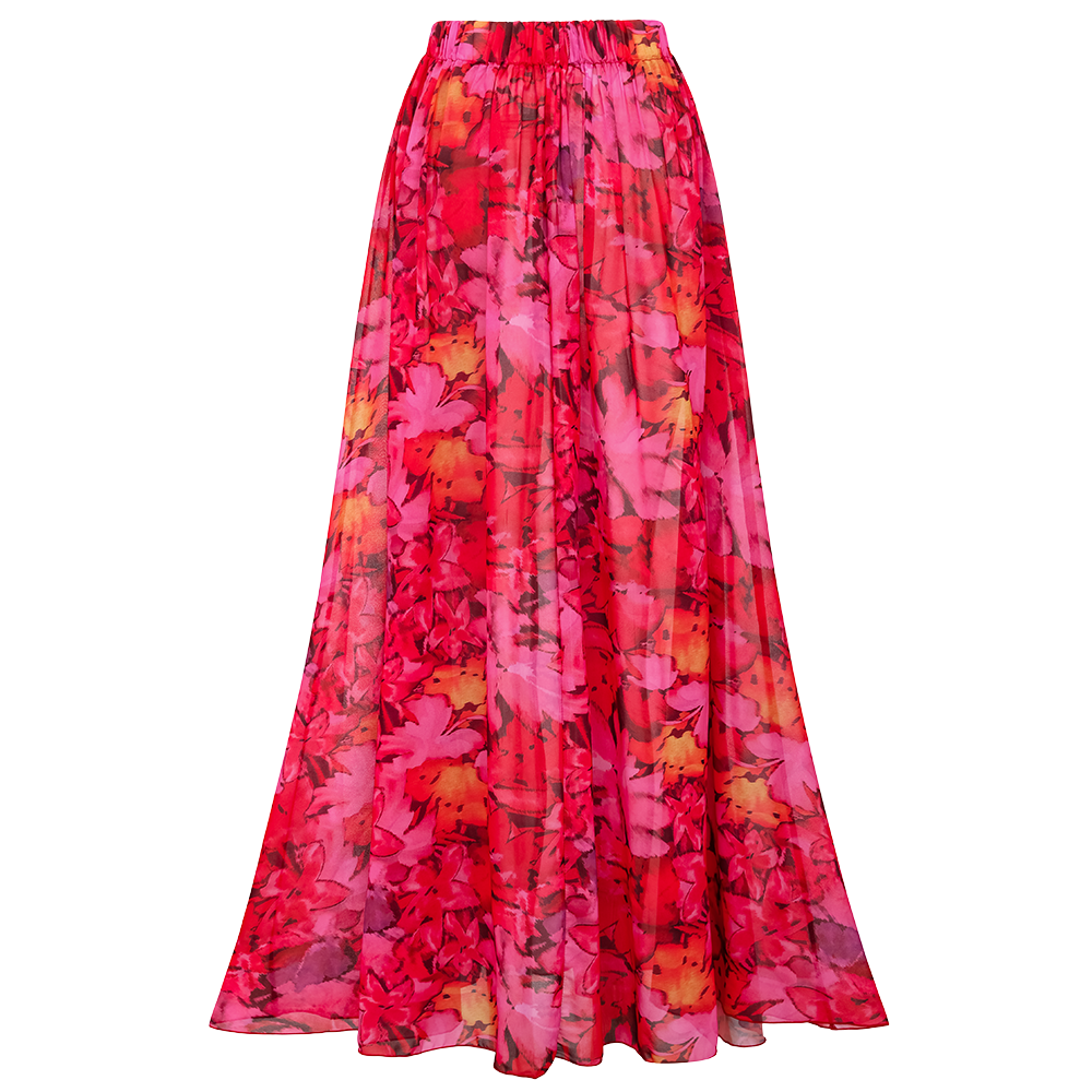 Red Flowers Printed Hollow One Piece Swimsuit and Skirt