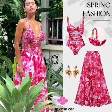 Cutout Flower Print One Piece Swimsuit and Skirt Flaxmaker