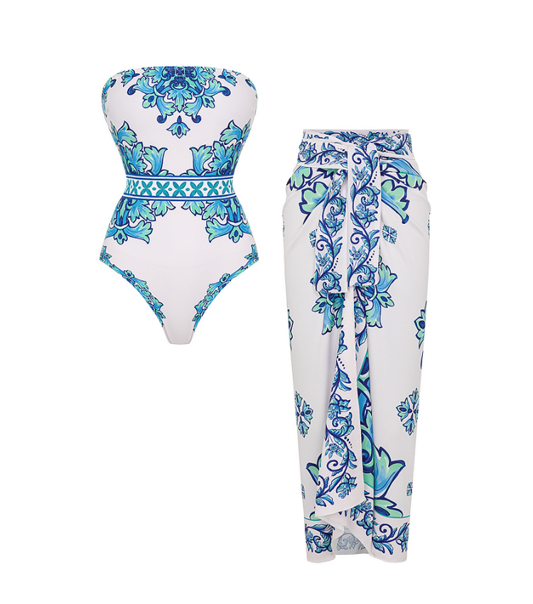 Off Shoulder Majolica Print One Piece Swimsuit and Sarong or Pants