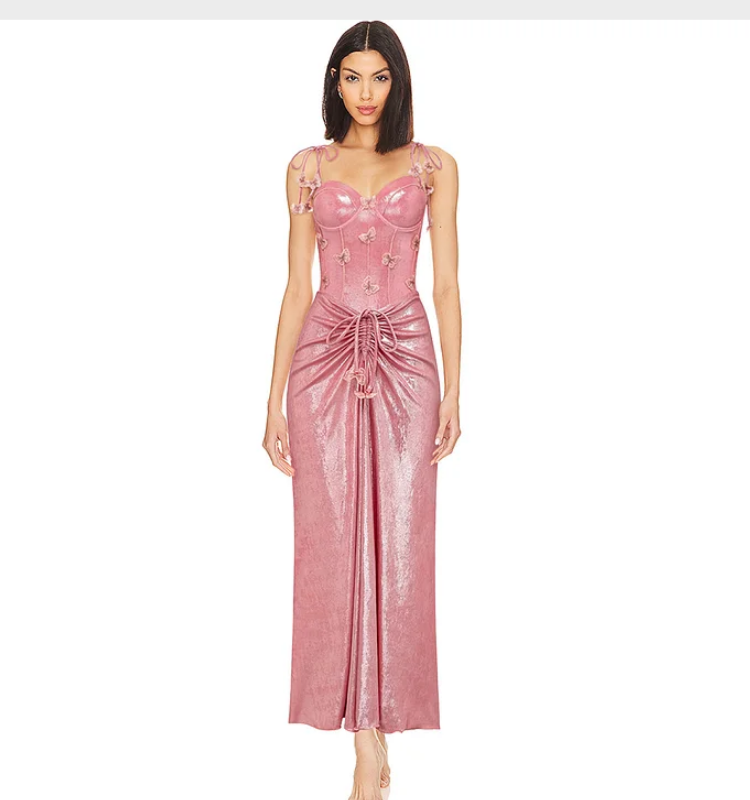 Pink Shiny Embroidered Butterfly One Piece Swimsuit and Split Skirt