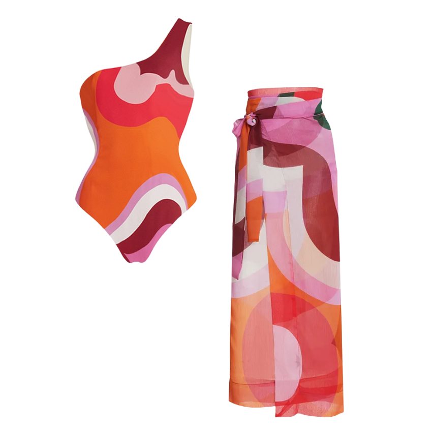 Color Block One Piece Swimsuit and Sarong Flaxmaker