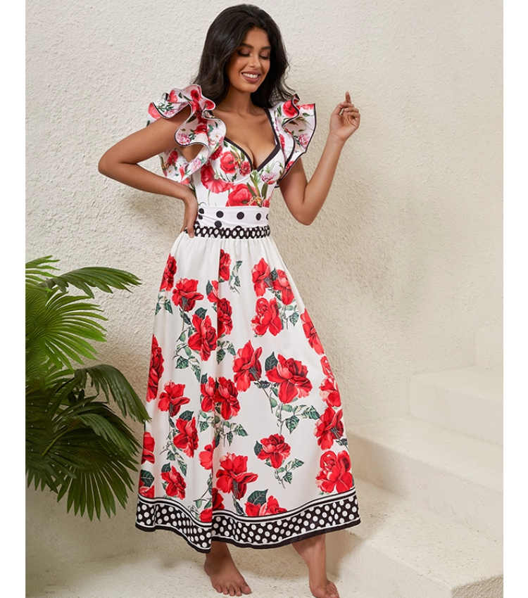 Rose Printed One Piece Swimsuit and Skirt Flaxmaker