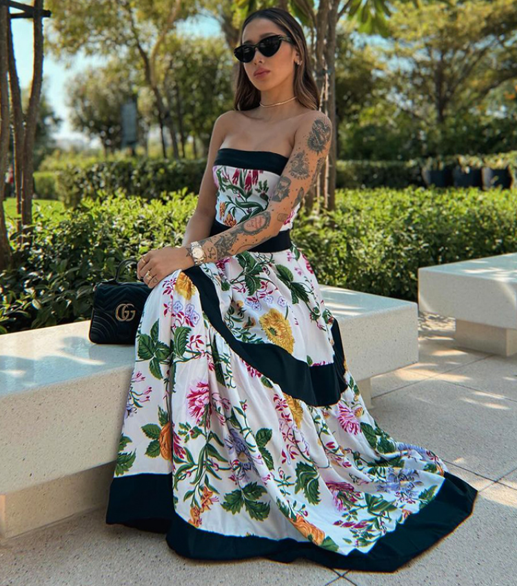 Off Shoulder Back Bow Tie Color Block Printed One Piece Swimsuit and Skirt Flaxmaker