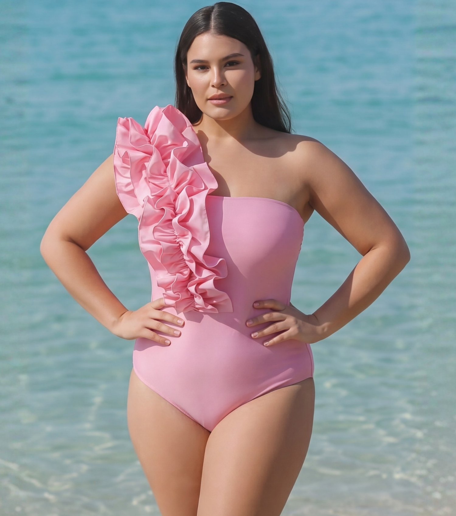 Plus Size One Shoulder Ruffle Solid Color One Piece Swimsuit and Skirt