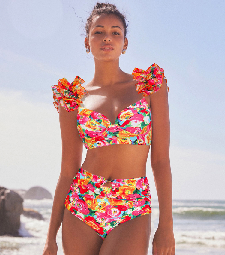 Ruffled Straps Floral Print Bikini Swimsuit and Skirt Flaxmaker