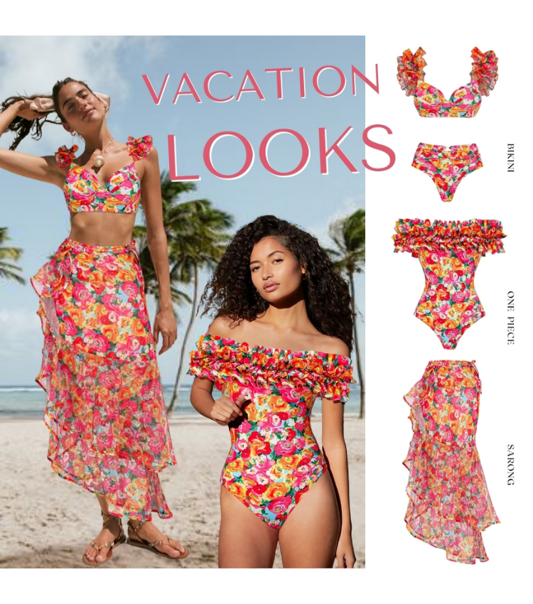 Ruffled Straps Floral Print Bikini Swimsuit and Skirt Flaxmaker