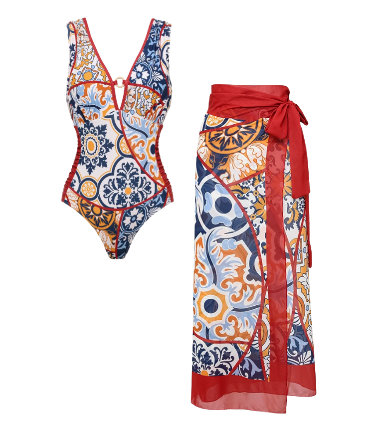 Printed One Piece Swimsuit and Sarong Flaxmaker