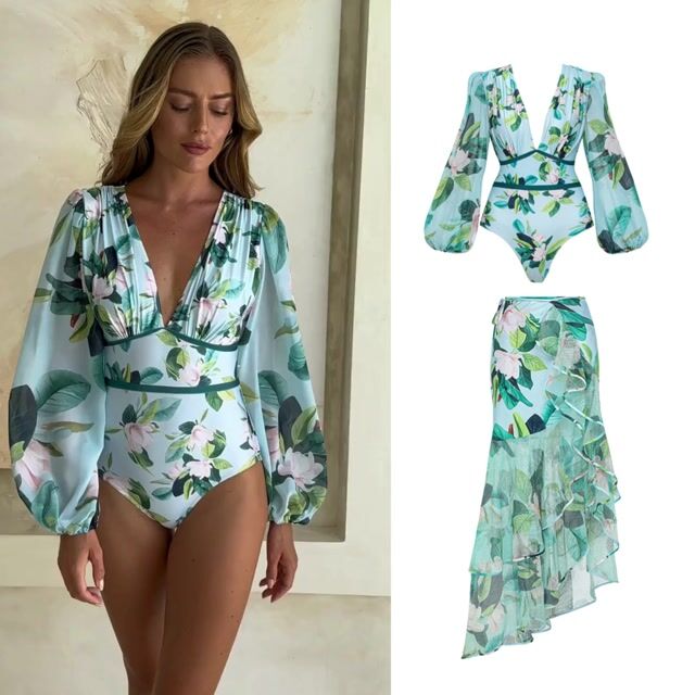 Long-sleeved Mangnolia Print One Piece Swimsuit and Skirt