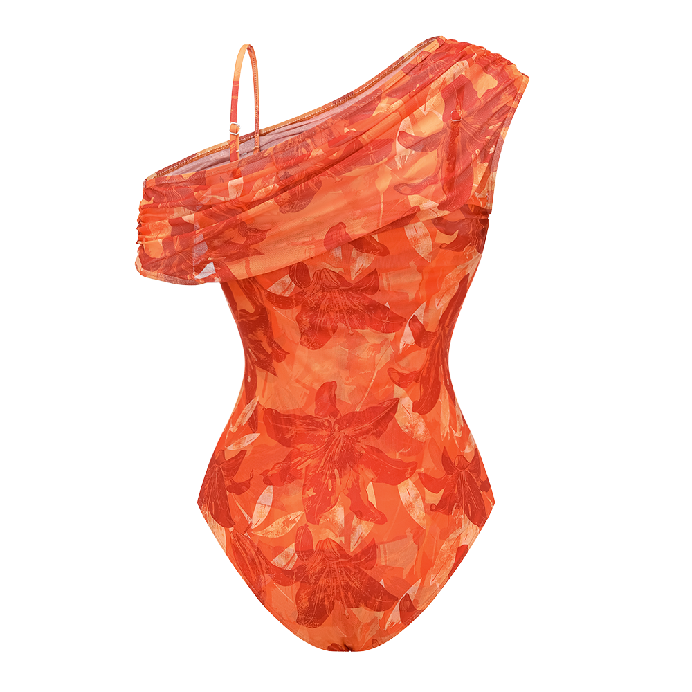Orange Lily Print One Piece Swimsuit and Sarong (Multiple ways to wear)