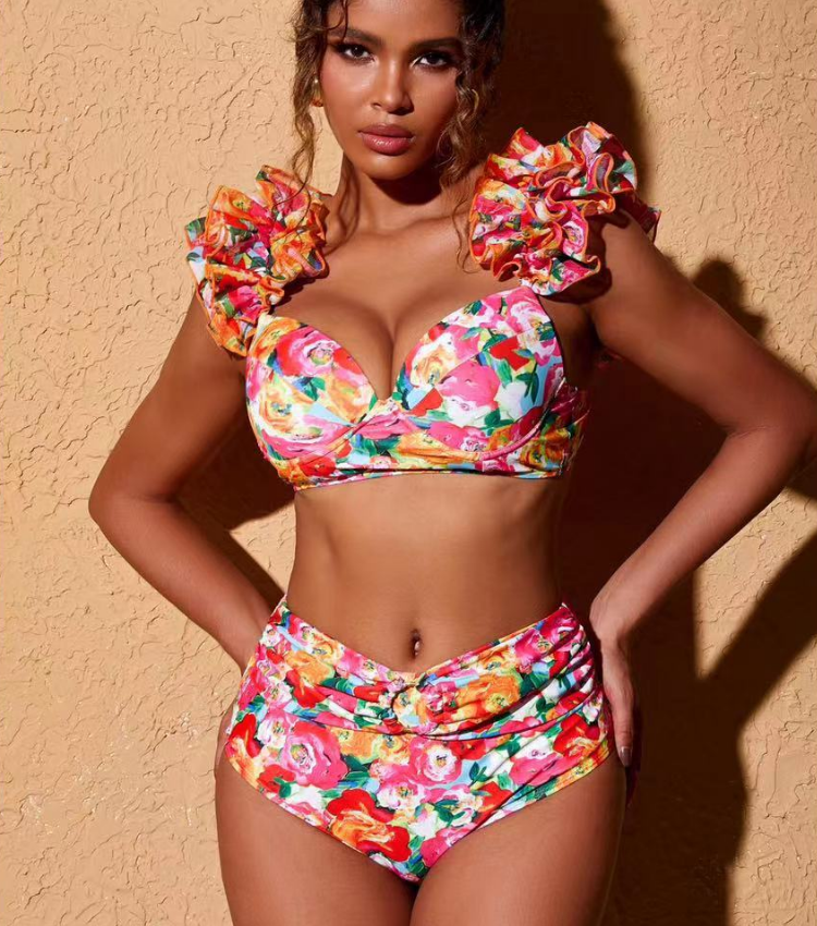 Ruffled Straps Floral Print Bikini Swimsuit and Skirt Flaxmaker